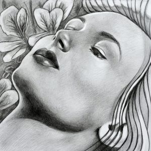 A pencil drawing of the head of a woman laying down among some flowers in a vaguely art nouveau style