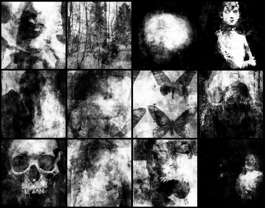 A grid of bizarre, square,  monochrome images